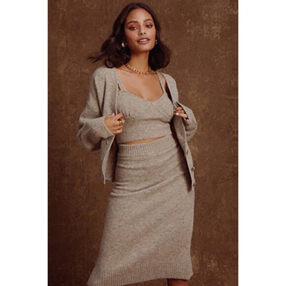 ASTR the Label Terry Knit Belmont Midi Skirt in Taupe Gray Marled Small New - Picture 14 of 16